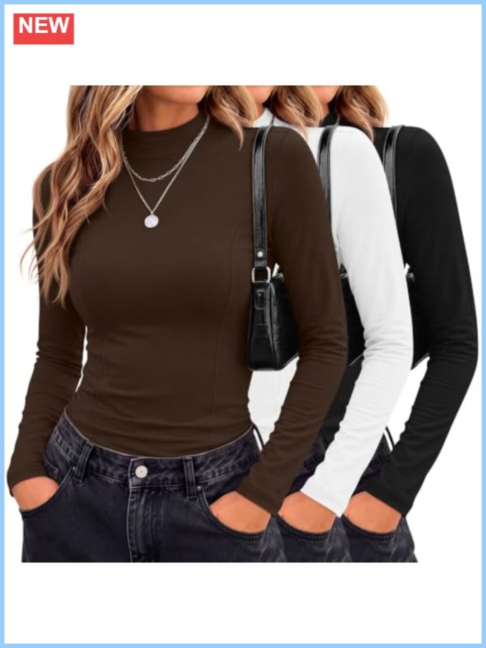 Women Slim Fit Mock Turtleneck Long Sleeve Base Layer Tops 3 Pack